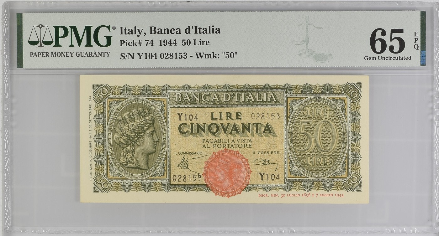 收藏联盟Quantum Auction 第291期拍卖  意大利1944年50里拉 PMG65 