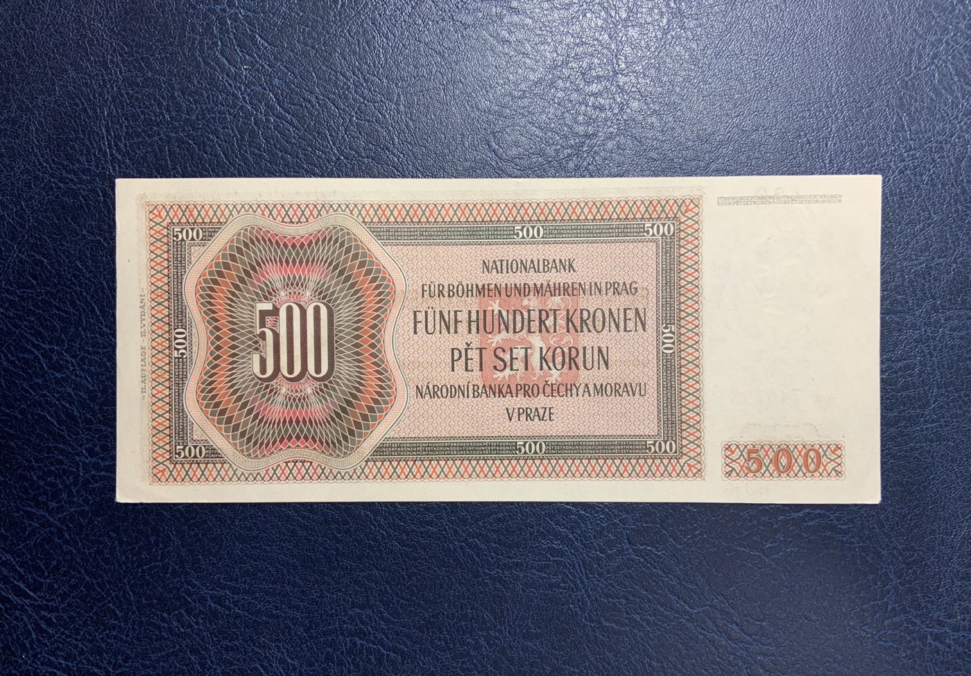 收藏联盟Quantum Auction 第291期拍卖  波西米亚和摩拉维亚1942年500克朗 品相UNC 边角有瑕疵 少见实票 Aa冠 