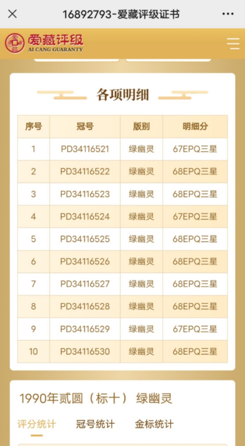 三四版pmg评级 绿幽灵十连号爱藏评级