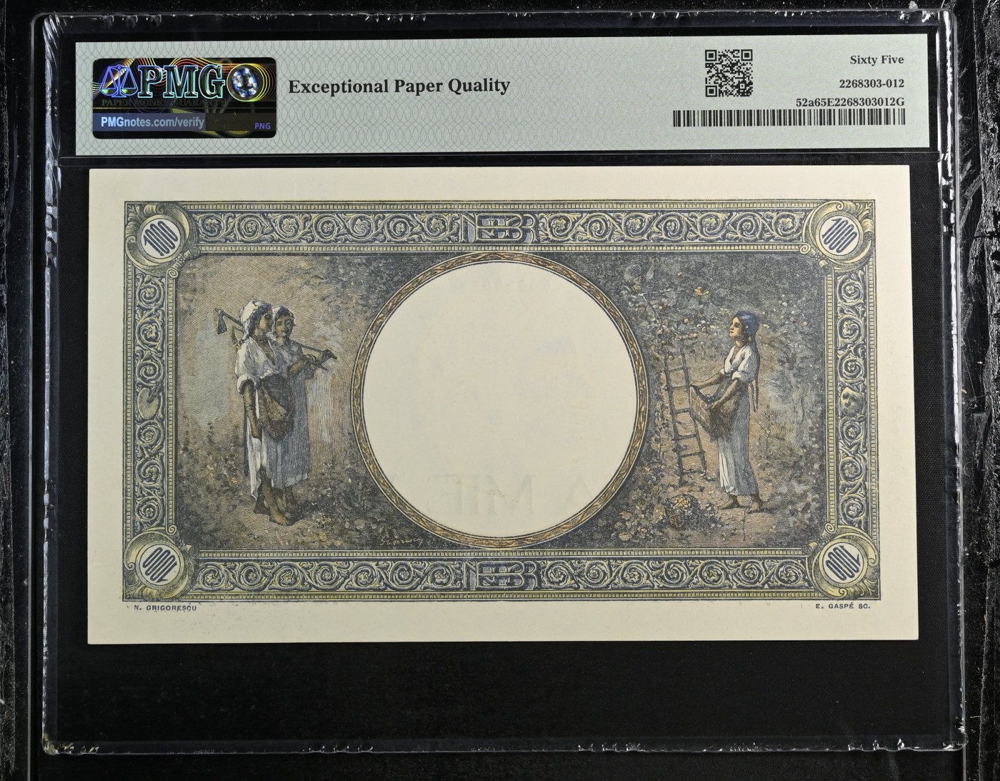 收藏联盟Quantum Auction 第291期拍卖  罗马尼亚1941-45年1000列伊 PMG65  大票幅 法属风格