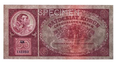 草稿银行第十一期国内外钞票硬币拍卖 捷克斯洛伐克 1929年50克朗 穆夏作品 打孔SPECIMEN 注销票样 全新品相 无黄无折无斑