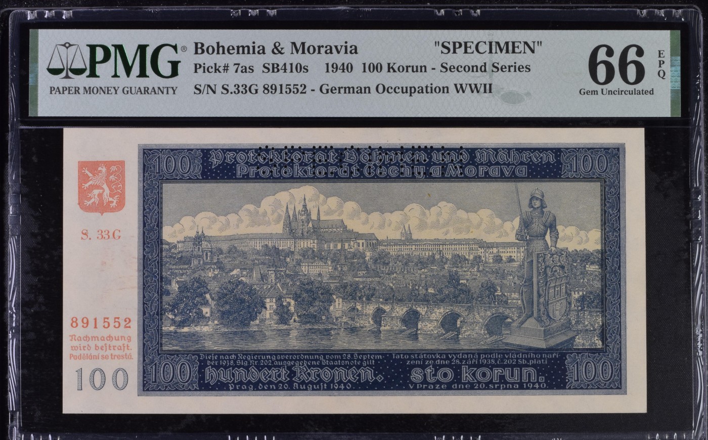 收藏联盟Quantum Auction 第291期拍卖  波西米亚和莫拉维亚1940年100克朗样票 PMG66  大票幅 查理大桥