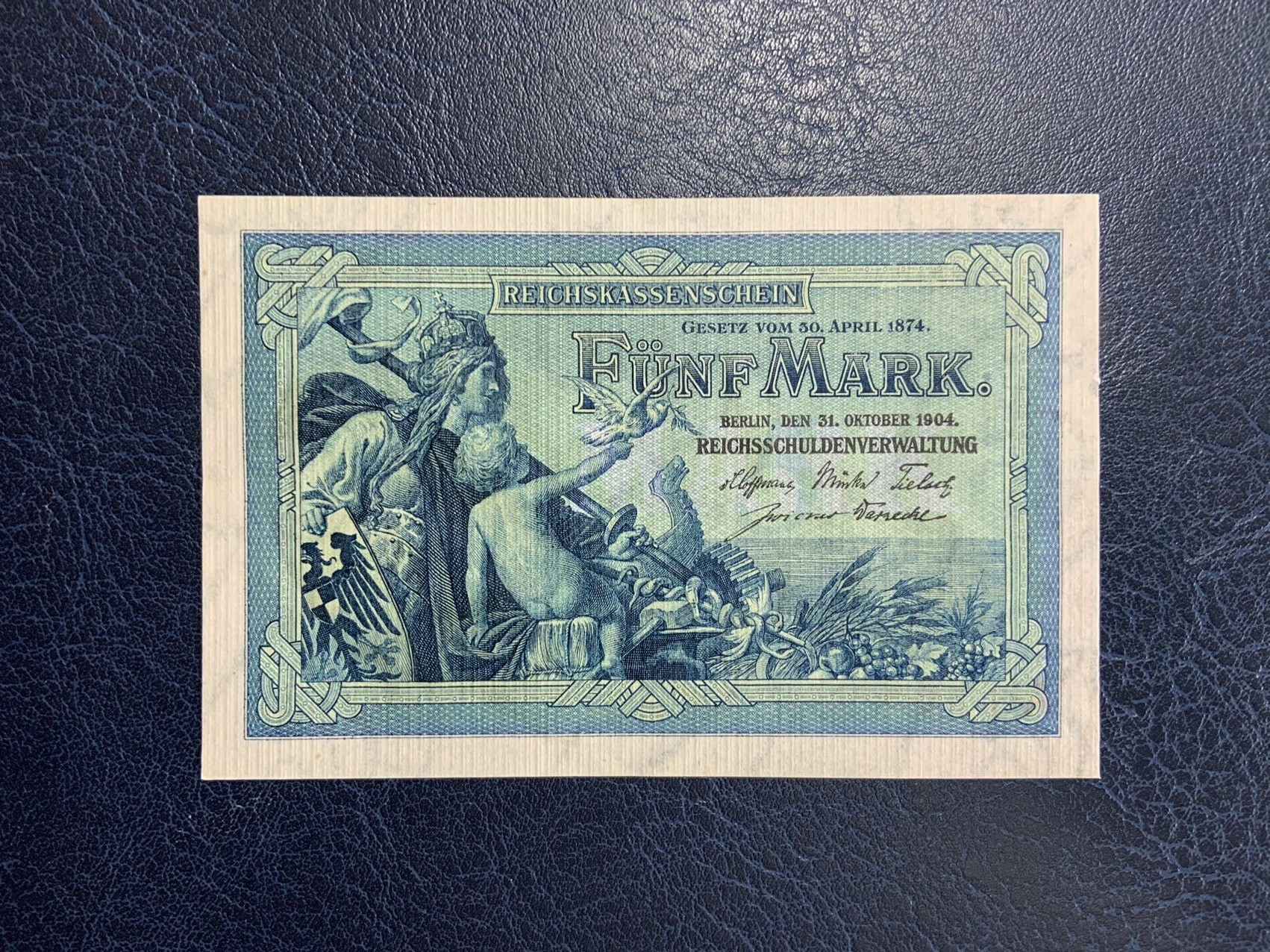 收藏联盟Quantum Auction 第291期拍卖  德国1904年5马克 品相UNC 首发A冠 乱蛇号无4 有个轻微点钞痕