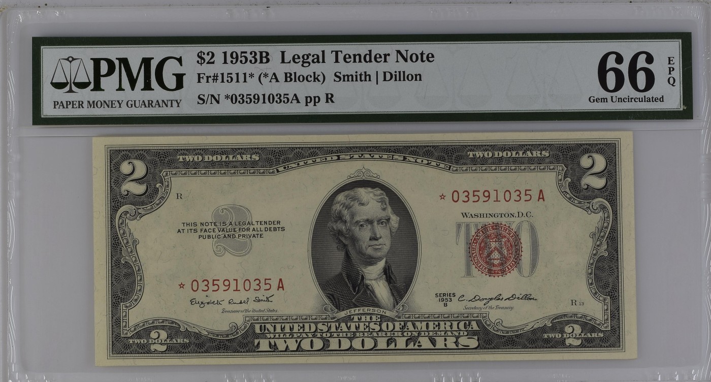 收藏联盟Quantum Auction 第291期拍卖  美国1953年政府券2元 PMG66 星补号 号码无47 稀少券种