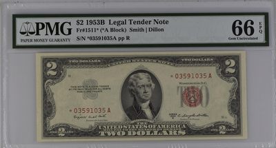 收藏联盟Quantum Auction 第291期拍卖  - 美国1953年政府券2元 PMG66 星补号 号码无47 稀少券种