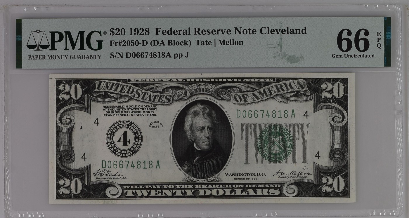 收藏联盟Quantum Auction 第291期拍卖  美国联邦储备银行1928年20元 PMG66