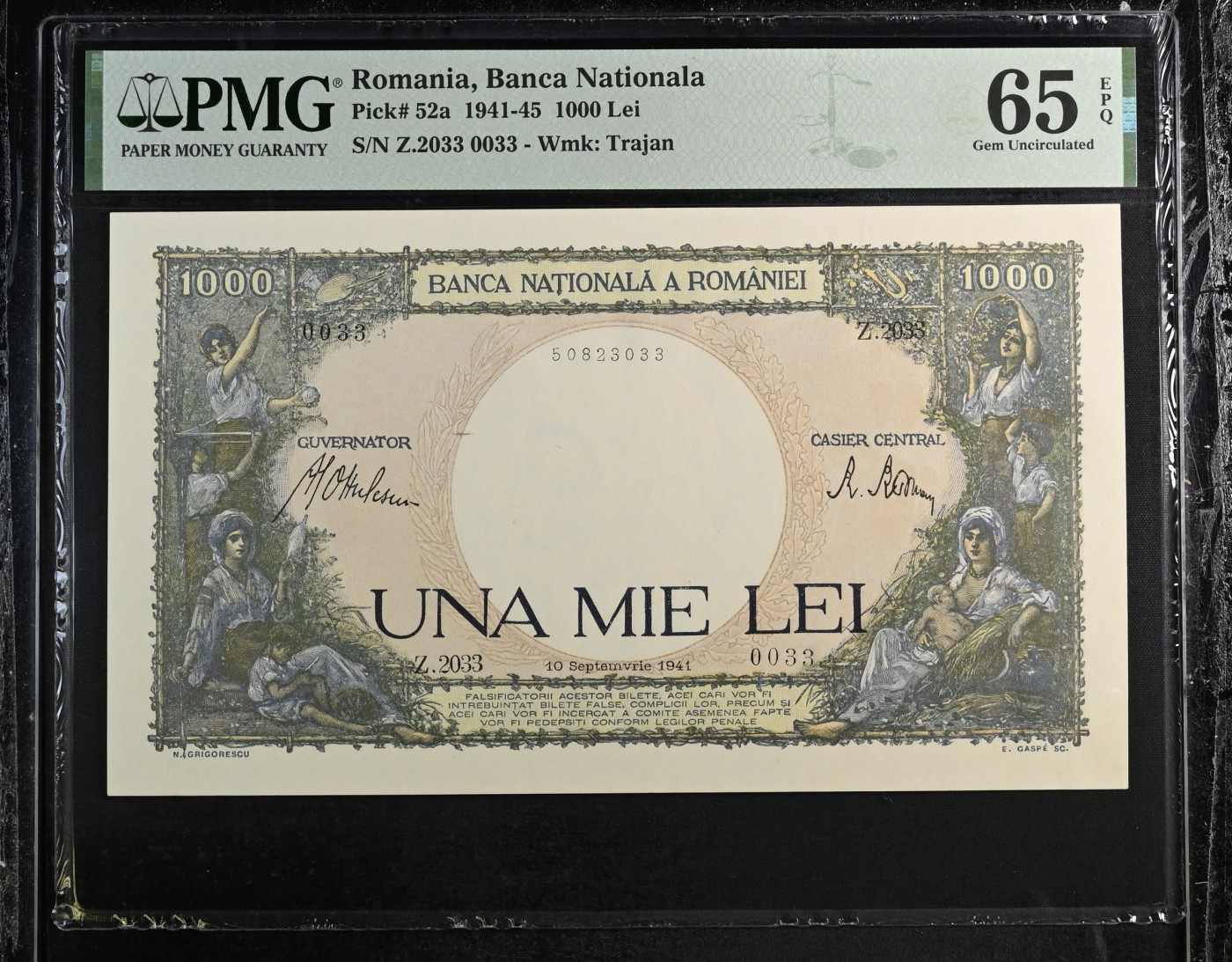 收藏联盟Quantum Auction 第291期拍卖  罗马尼亚1941-45年1000列伊 PMG65  大票幅 法属风格