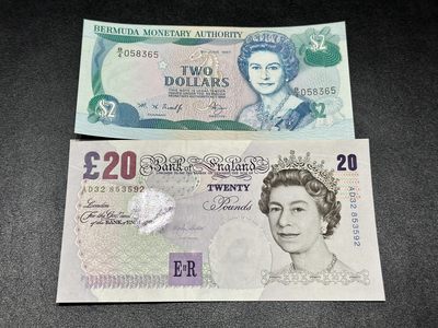 《外钞收藏家》第三百期 - 百慕大2刀全新+E序列20镑  AU品相 两张一起