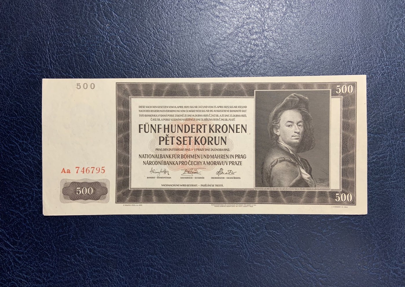 收藏联盟Quantum Auction 第291期拍卖  波西米亚和摩拉维亚1942年500克朗 品相UNC 边角有瑕疵 少见实票 Aa冠 