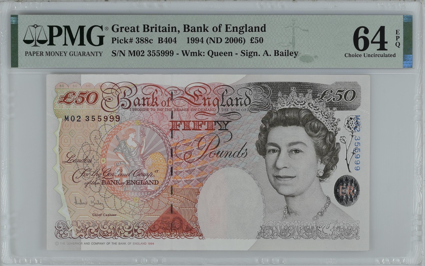 收藏联盟Quantum Auction 第291期拍卖  英国1994 (ND 2006)年50镑 PMG64e 豹子号999 号码无47