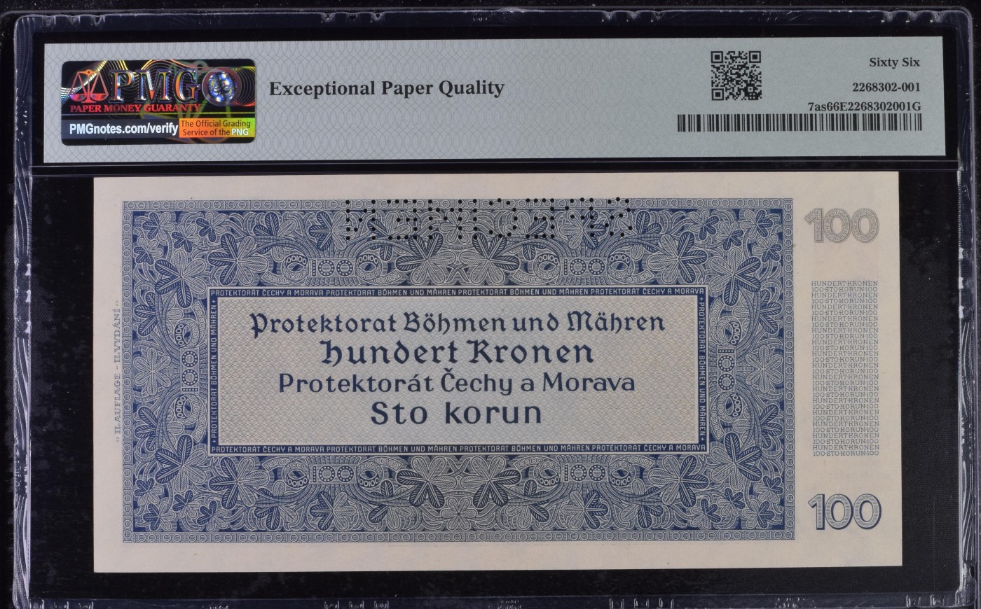收藏联盟Quantum Auction 第291期拍卖  波西米亚和莫拉维亚1940年100克朗样票 PMG66  大票幅 查理大桥
