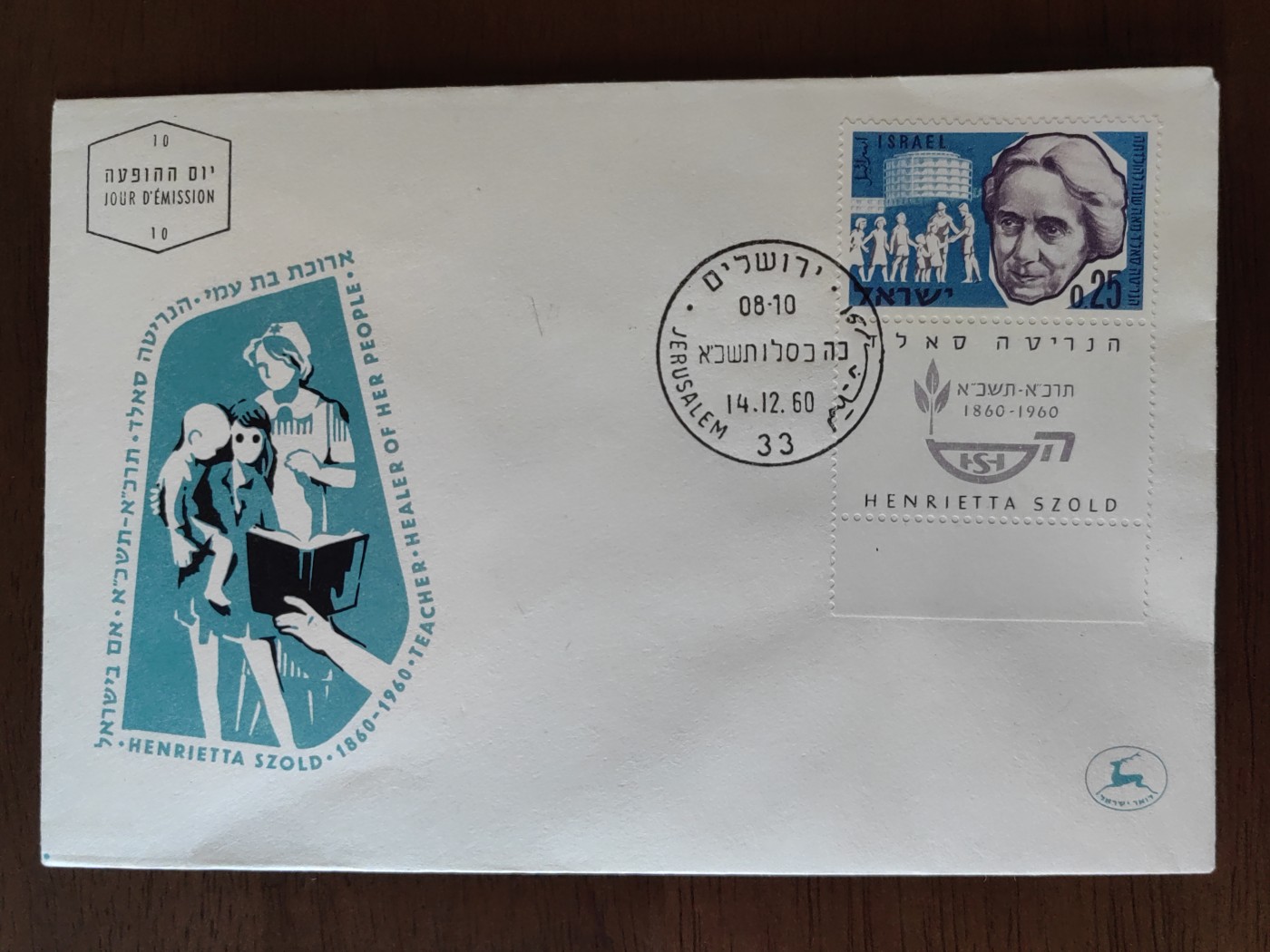 多国精美纪念封＆首日封第⑩场（0元起拍来捡漏） 以色列1960年 社会福利倡导者名人索佐尔德诞生100周年