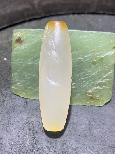 精美高玉化海洋玉髓手工雕刻一鹿向佛大桶珠一个！ - 精美高玉化海洋玉髓手工雕刻一鹿向佛大桶珠一个！
