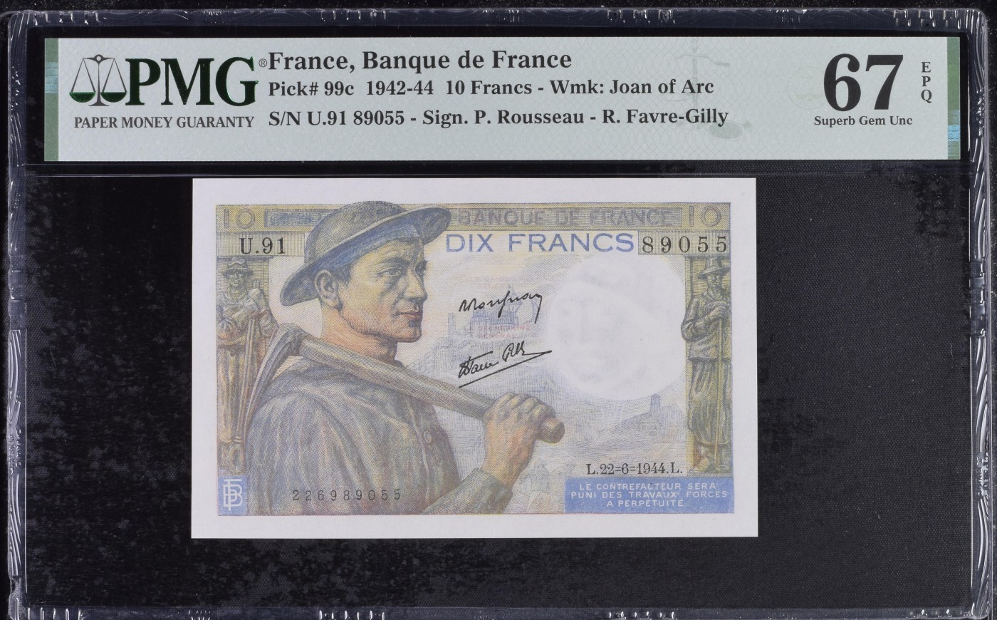 收藏联盟Quantum Auction 第291期拍卖  法国1942-44年10法郎 PMG67 号码全程无347