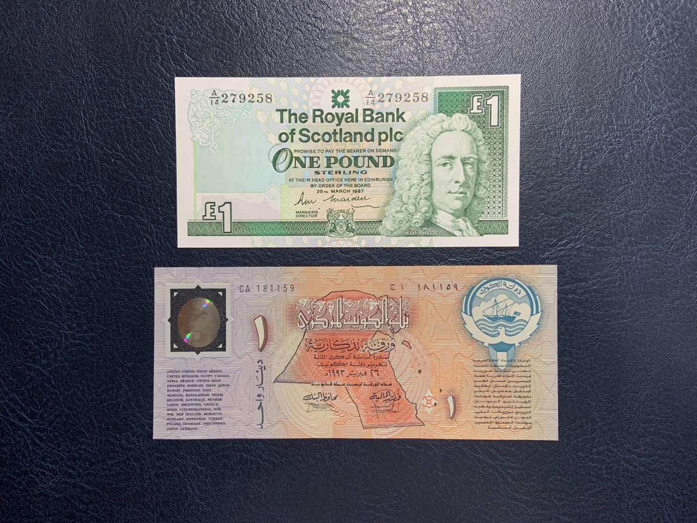 收藏联盟Quantum Auction 第291期拍卖  苏格兰皇家银行1987年1镑和科威特1993年1第纳尔纪念钞 品相全新UNC 号码无4 