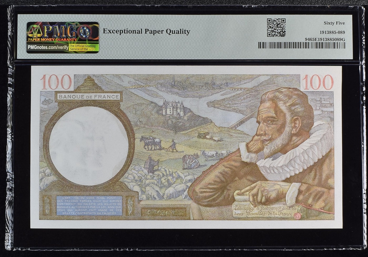 收藏联盟Quantum Auction 第291期拍卖  法国1939-42年100法郎 PMG65 正面中间为巴黎圣母院 号码全程无347