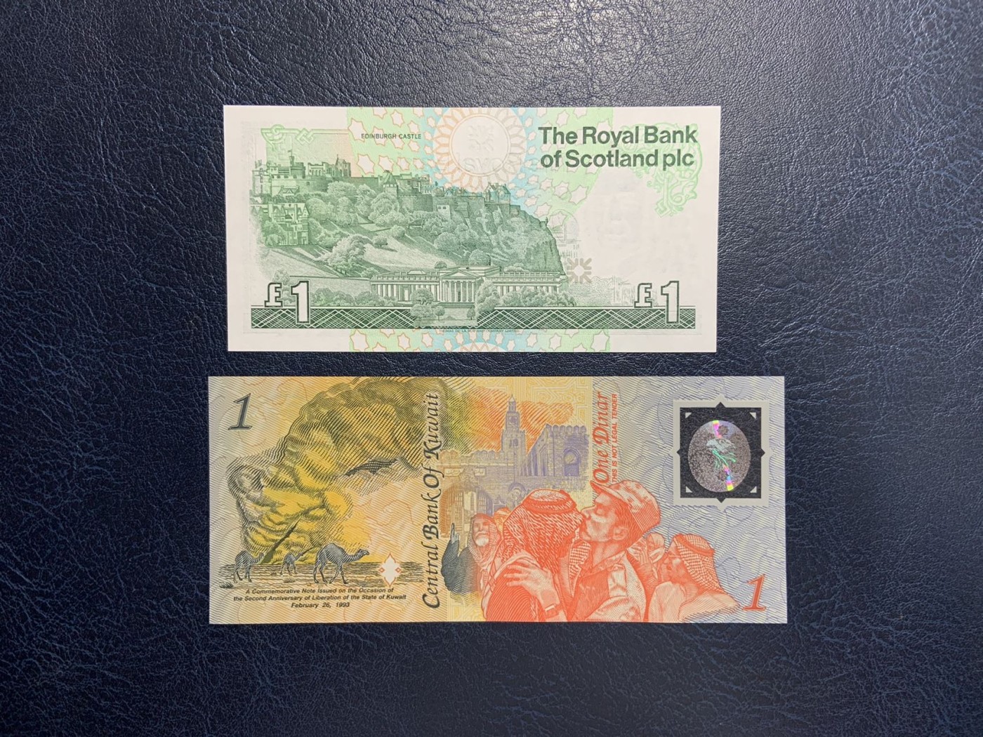 收藏联盟Quantum Auction 第291期拍卖  苏格兰皇家银行1987年1镑和科威特1993年1第纳尔纪念钞 品相全新UNC 号码无4 