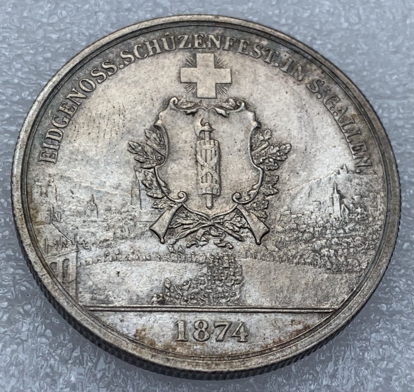 瓶子🏺第110期拍卖会 瑞士加勒1874年5法郎狩猎节银币 UNC品相