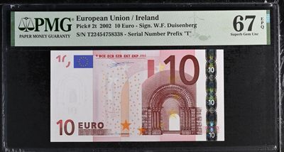 乐淘淘纸币粉丝返利场 第21期 本店粉丝每张纸币返利五元！ - 【T22454758338】欧盟2002年纸币 10欧元 一签 稀少爱尔兰版 PMG67EPQ 亚军分