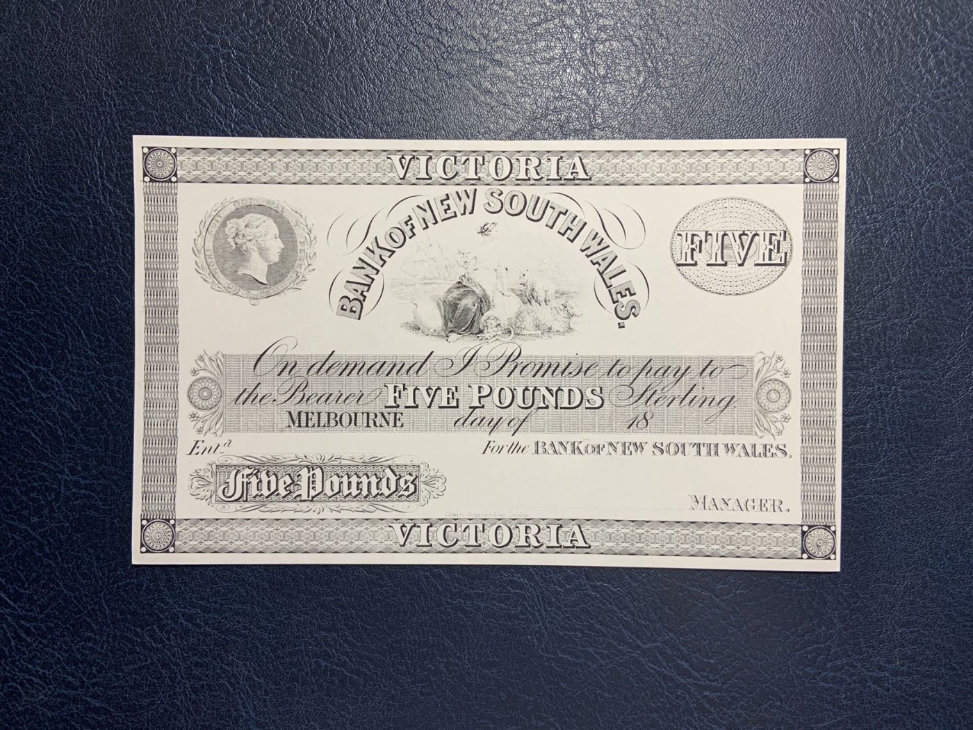 收藏联盟Quantum Auction 第291期拍卖  维多利亚时代新南威尔士5镑(雕刻版复制品) 品相UNC 角微瑕
