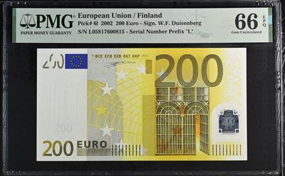 乐淘淘纸币粉丝返利场 第21期 本店粉丝每张纸币返利五元！ - 【L05817600815】欧盟2002年纸币 200欧元 一签 芬兰版 PMG66EPQ