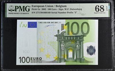 乐淘淘纸币粉丝返利场 第21期 本店粉丝每张纸币返利五元！ - 【Z71704460169】欧盟2002年纸币 100欧元 一签 比利时版 PMG68EPQ 唯一冠军分！