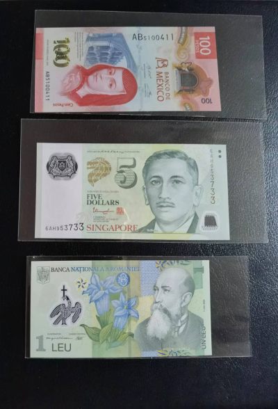 Triple S 第13期  - 塑料钞3张（墨西哥100获奖钞&新加坡5&罗马尼亚1）全新UNC