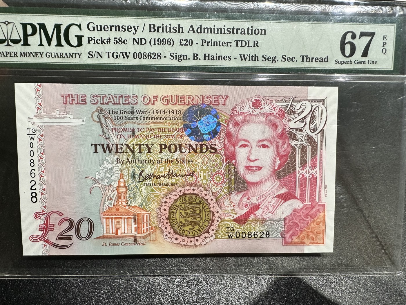 《外钞收藏家》第三百期 1996年格恩西20镑 PMG67 千位号 无47尾8