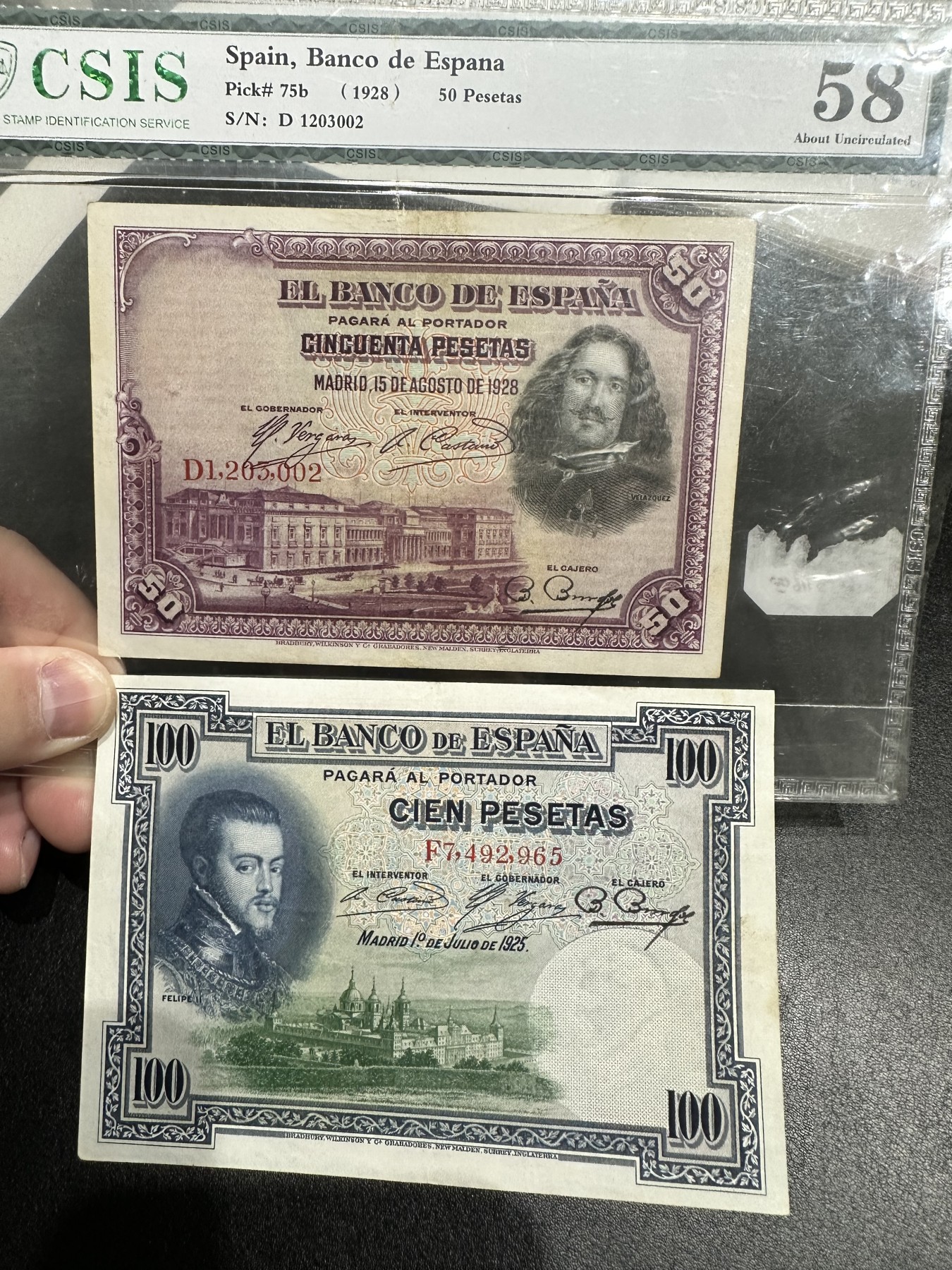 《外钞收藏家》第三百期 西班牙50、100比塞塔 两张一起 非全新 相差不多 参考图