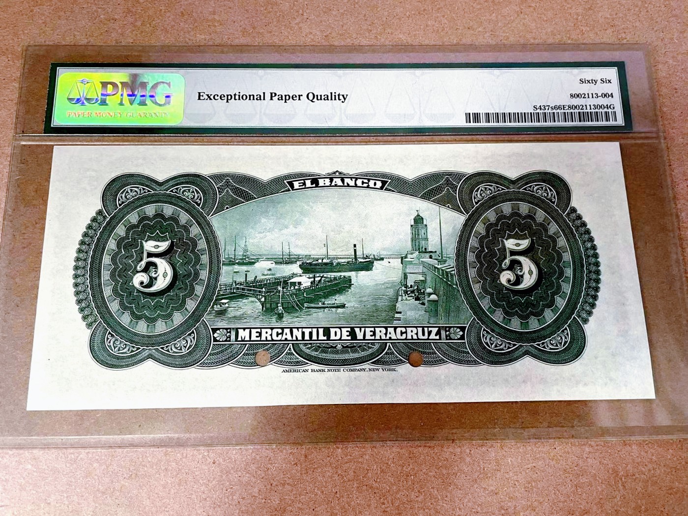 【Blue Auction】✨世界纸币精拍第375期【精】 【仅1张更高分 百年风云 目录价750美金】墨西哥 1898-1910年5比索 PMG66EPQ 大票幅 ABNC雕刻非常精美 女神&背面韦拉克鲁斯港大场景 样钞 老壳子