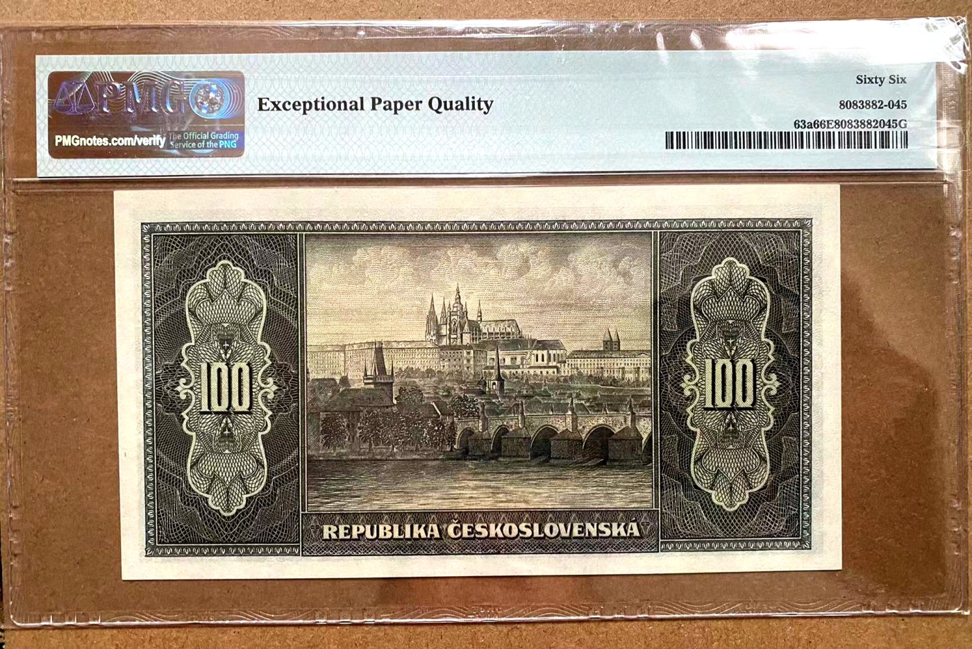【Blue Auction】✨世界纸币精拍第375期【精】 【实钞无47】捷斯 1945年100克朗 BWC出品 雕刻精美 PMG66EPQ 背面大场景