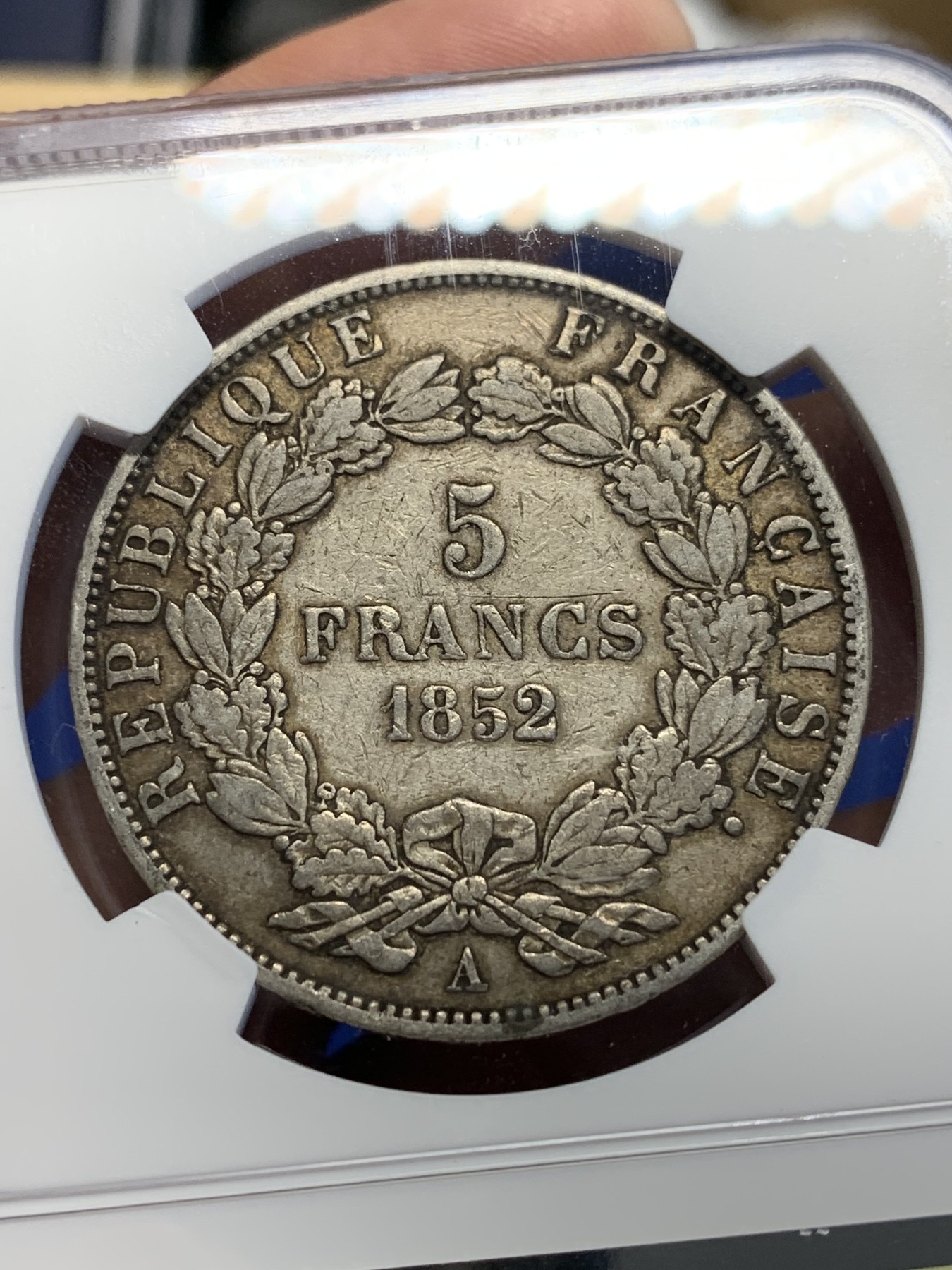 《竞宝斋》第201场-周日，周一 2场 (全场包邮) NGC-VF35 法国1852年拿破仑5法郎银币，小头版本，低评了