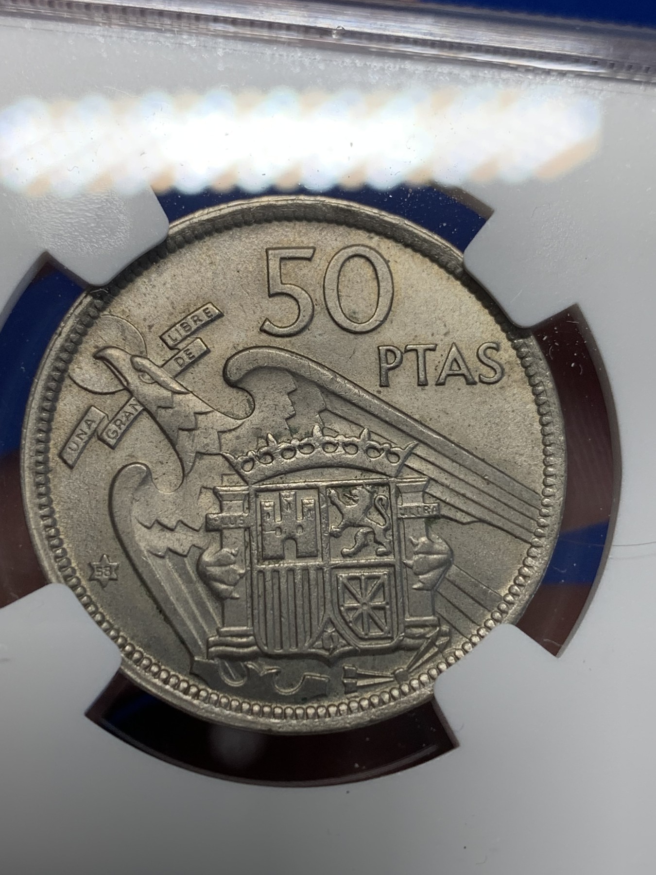 《竞宝斋》第201场-周日，周一 2场 (全场包邮) NGC MS63 西班牙 1957(58) 独裁者 50比塞塔 