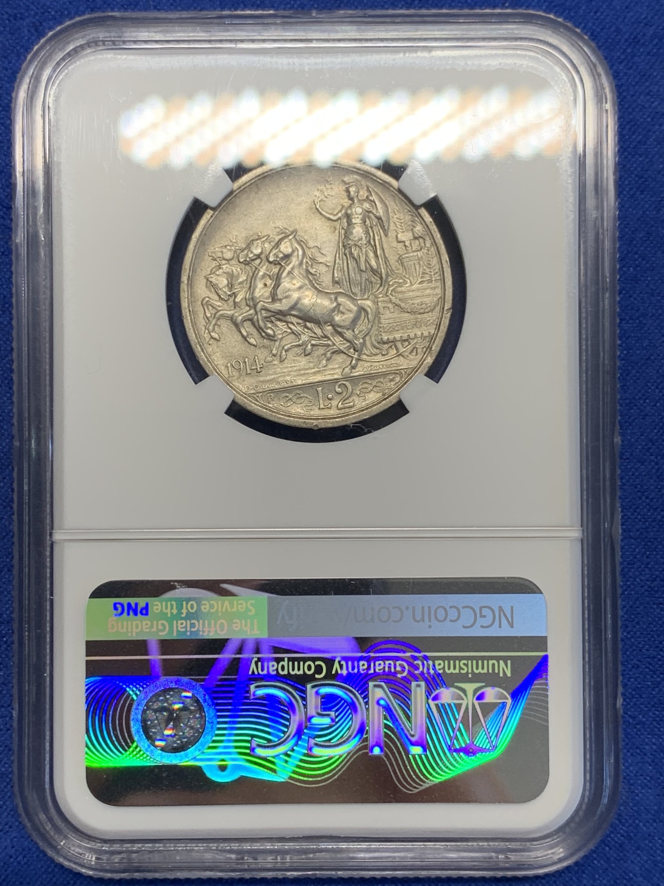 《竞宝斋》第201场-周日，周一 2场 (全场包邮) NGC-AU58 1914年意大利马车女神2L银币，热门品种