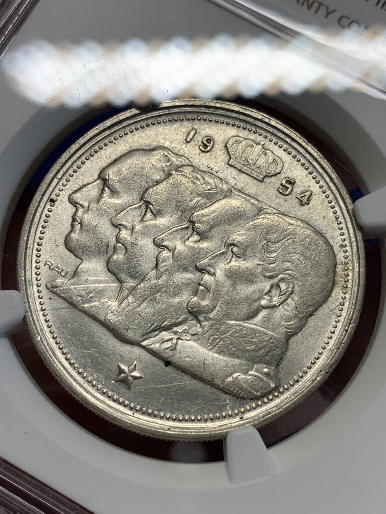 《竞宝斋》第201场-周日，周一 2场 (全场包邮) NGC-MS63 比利时1954年 四皇头像 100法郎银币 原光好品