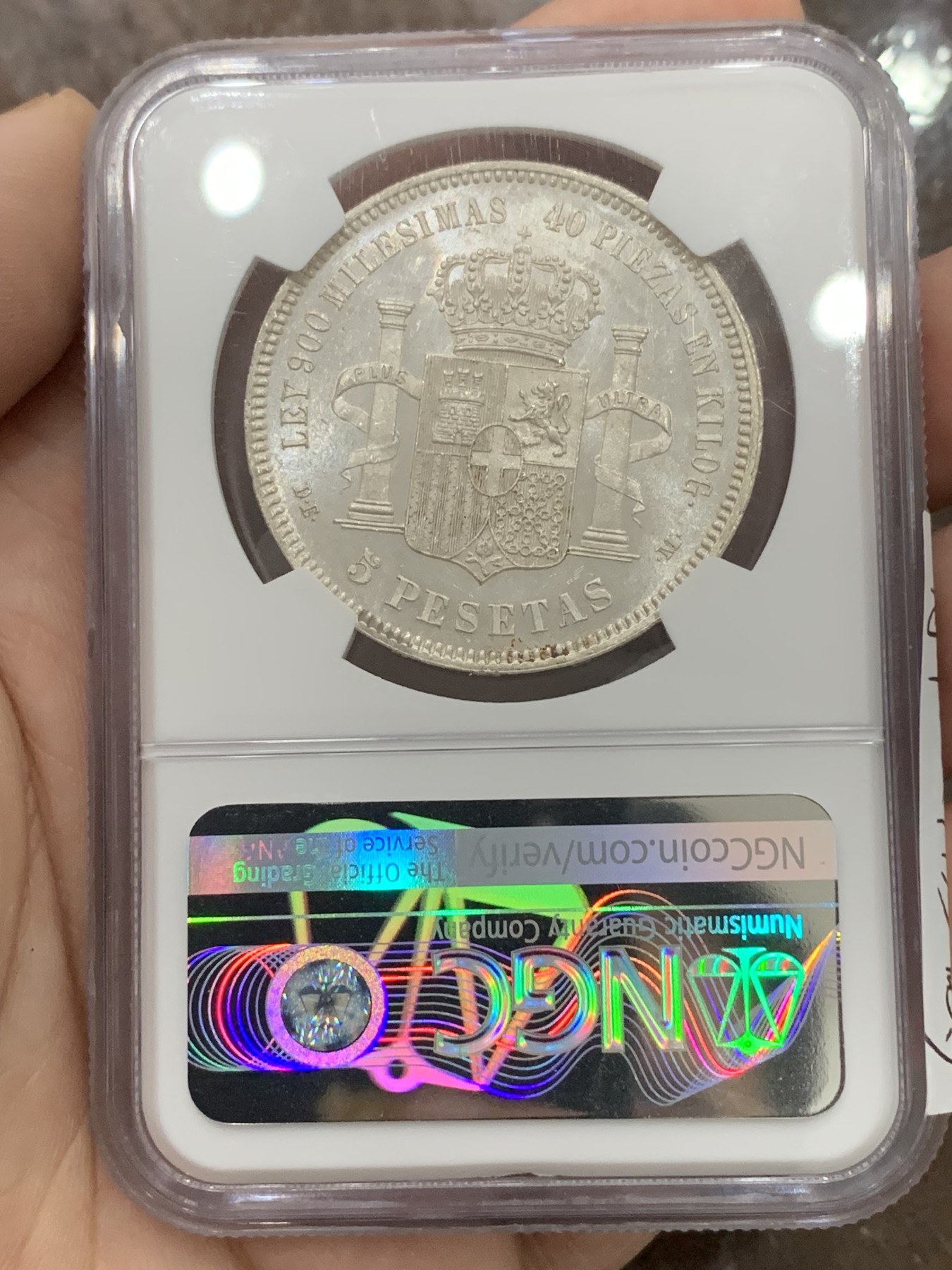 《竞宝斋》第201场-周日，周一 2场 (全场包邮) NGC-MS63 西班牙 1871(74) 阿马迪奥一世 5比塞塔双柱银币，比71的版本少很多，整体转光白净 稀缺品种高分难觅