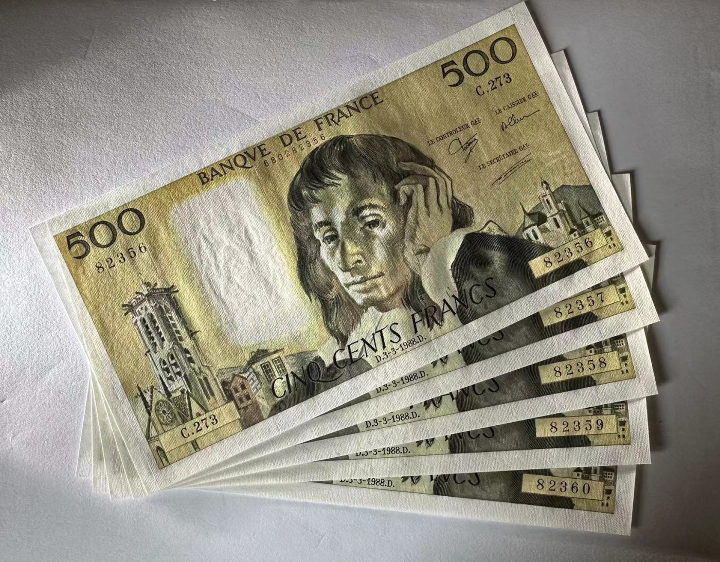 【Blue Auction】✨世界纸币精拍第375期【精】 【一组5张连号】法国 1988年500法郎 全新UNC