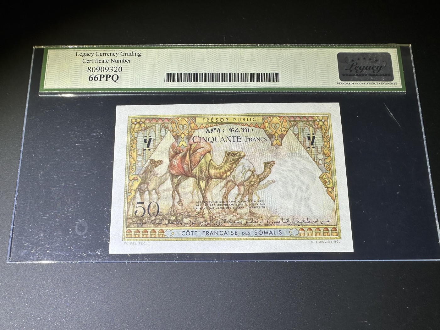 【Blue Auction】✨世界纸币精拍第375期【精】 【无47】法属索马里兰 1952年50法郎 PCGS66EPQ 骆驼队