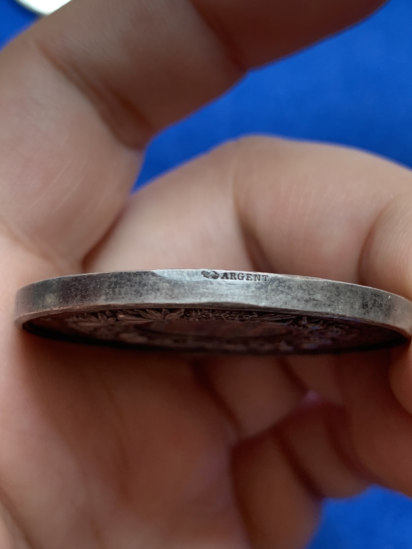 《竞宝斋》第201场-周日，周一 2场 (全场包邮) 法国1884年三小天使17届草莓展览纪念银章  直径：41mm  重量：38.16gr  边铭：丰饶角＋银标