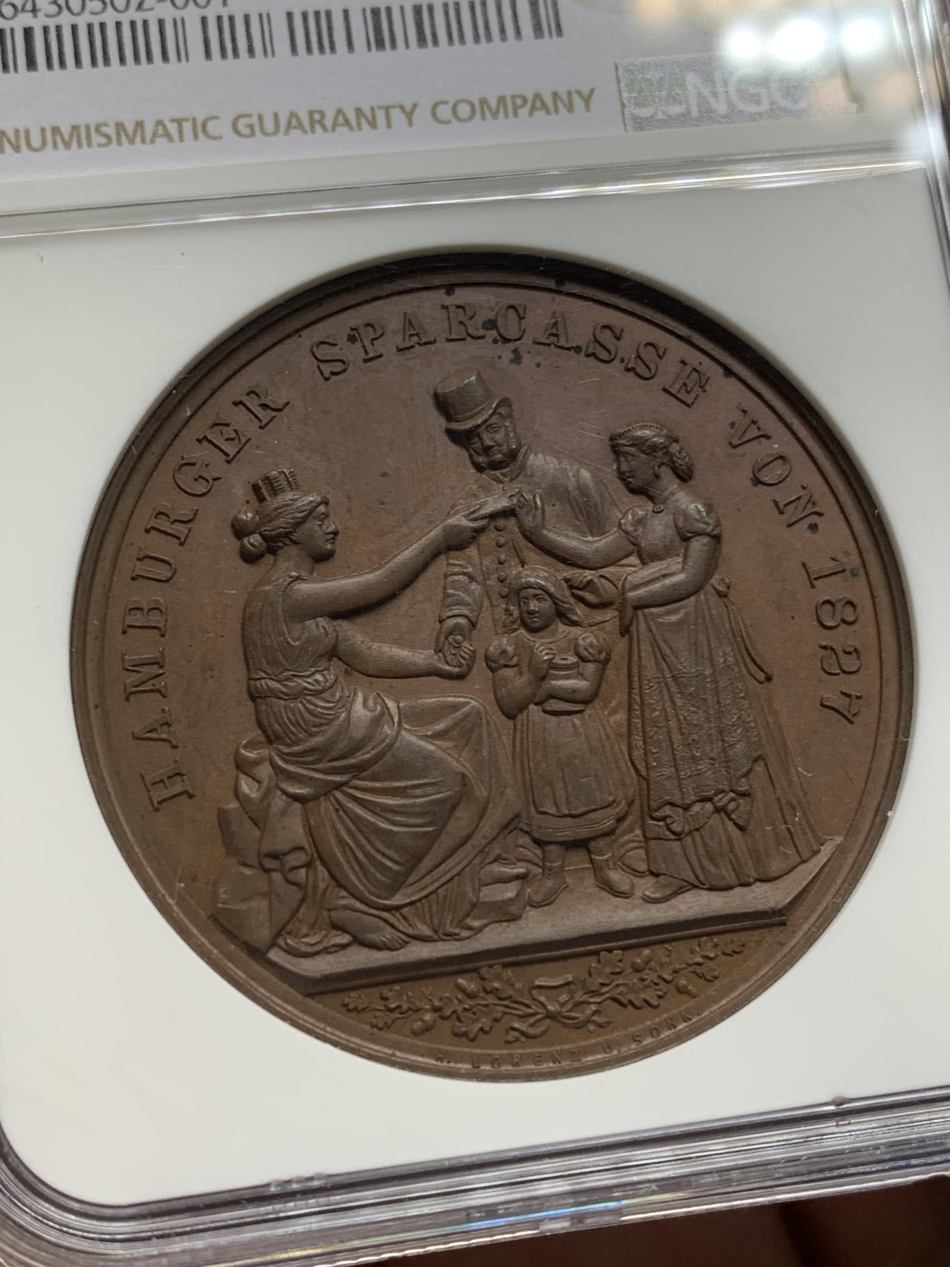 《竞宝斋》第201场-周日，周一 2场 (全场包邮) NGC MS64 德国1877年汉堡50周年纪念铜章 巧克力色 加厚盒装