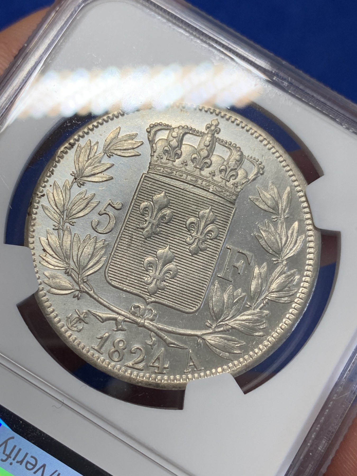 《竞宝斋》第201场-周日，周一 2场 (全场包邮) NGC UNCD 法国 1824年路易十八5法郎银币 底板干净品佳