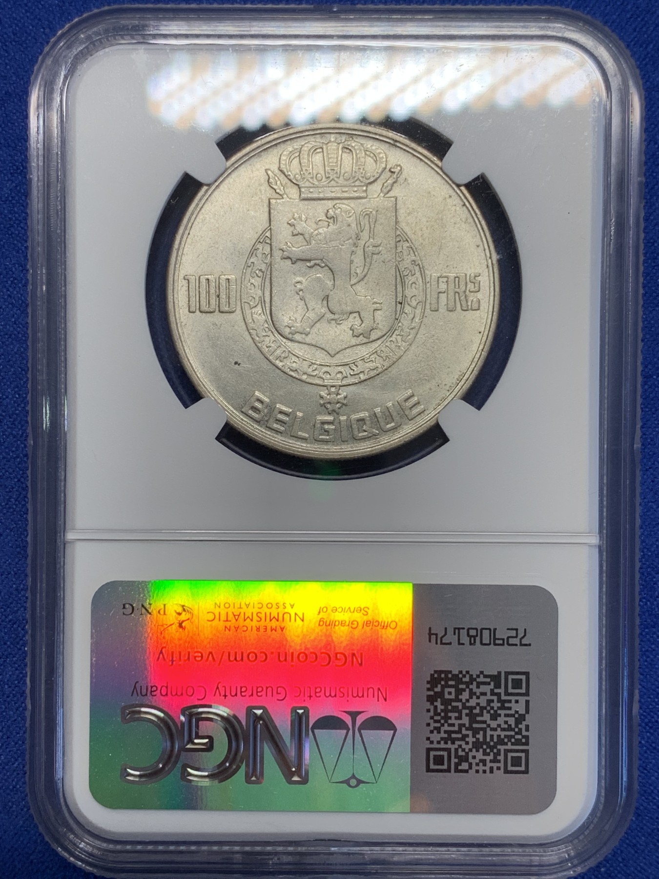 《竞宝斋》第201场-周日，周一 2场 (全场包邮) NGC-MS63 比利时1954年 四皇头像 100法郎银币 原光好品