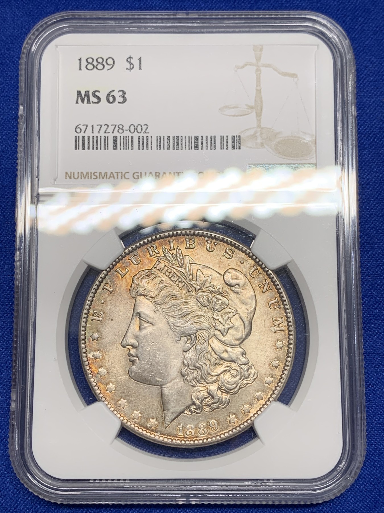 《竞宝斋》第201场-周日，周一 2场 (全场包邮) NGC-MS63 美国1889年摩根银币 五彩转光好状态