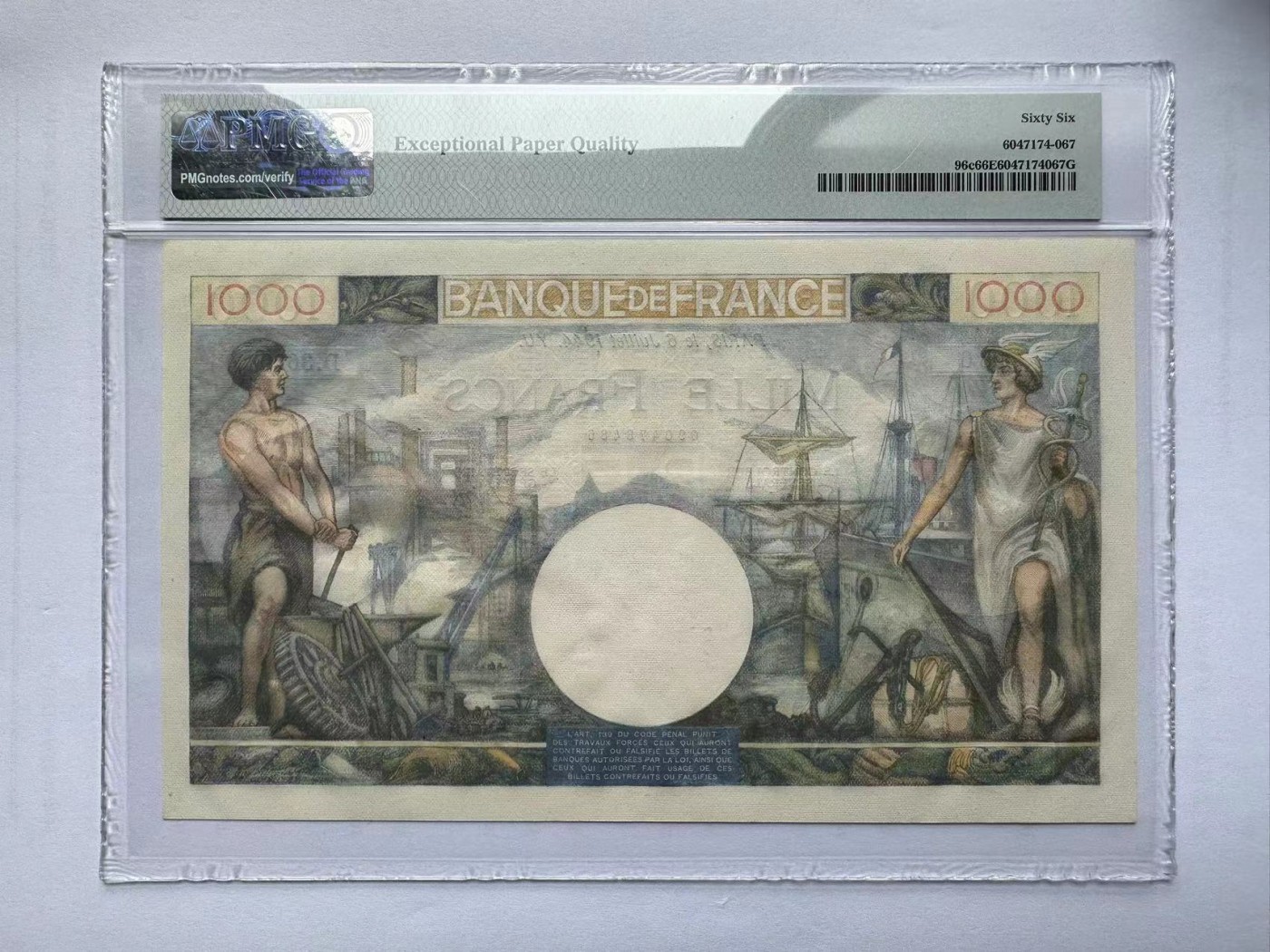 【Blue Auction】✨世界纸币精拍第375期【精】 法国 1944年1000法郎 PMG66EPQ 大票幅