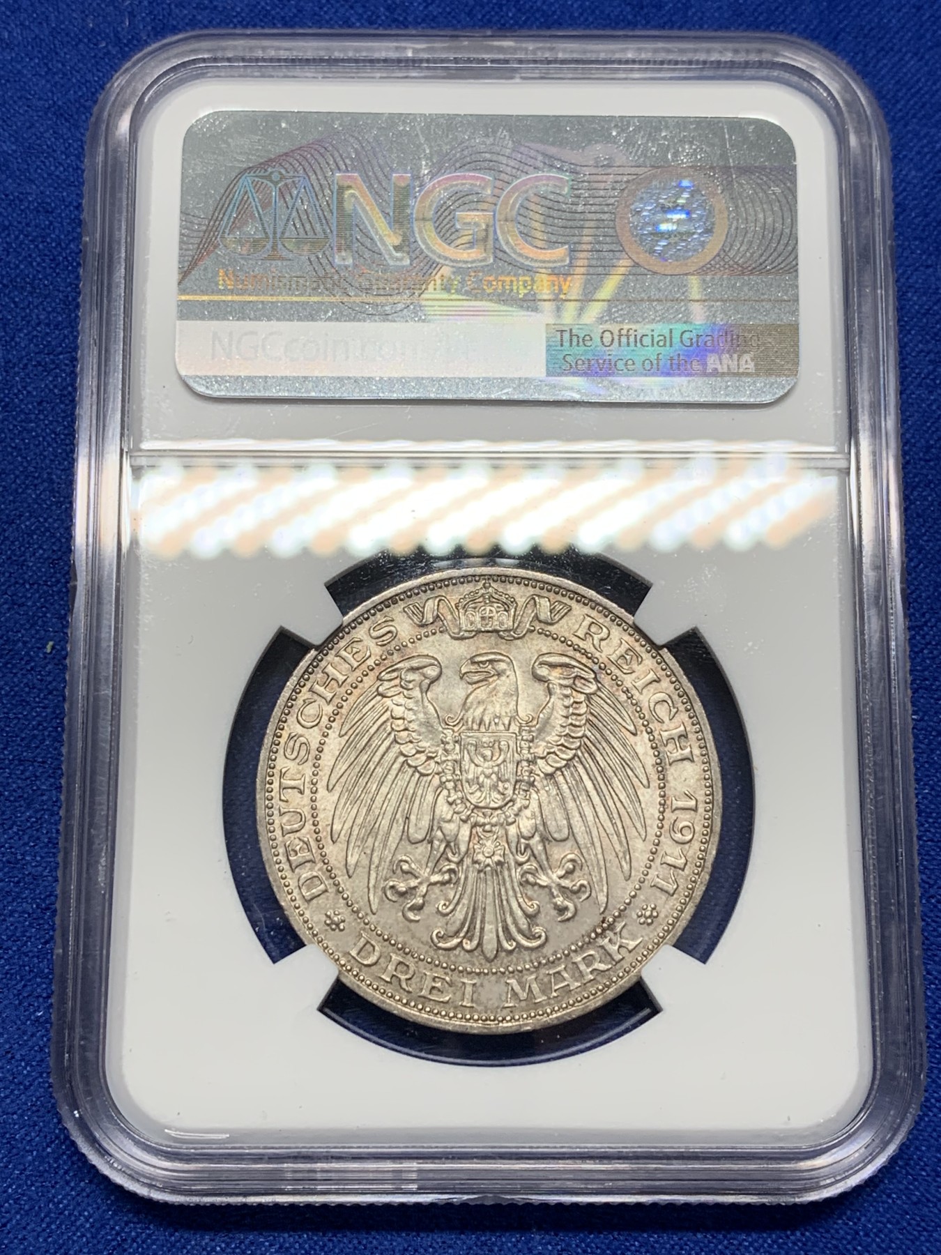 《竞宝斋》第201场-周日，周一 2场 (全场包邮) NGC-MS64 德国普鲁士 1911年 布雷斯劳大学 3马克银币 BU品质