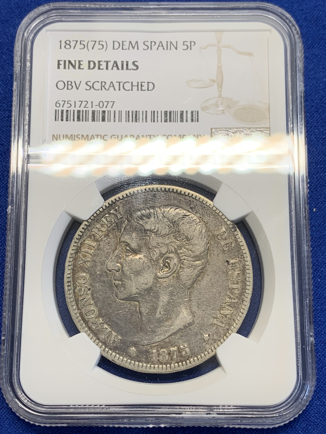 《竞宝斋》第201场-周日，周一 2场 (全场包邮) NGC F 1875西班牙阿方索十二世青年版5比塞塔银币