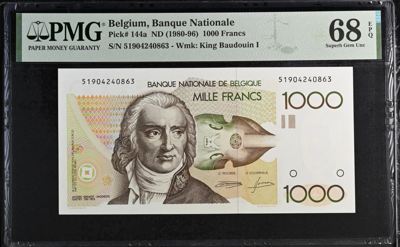 收藏联盟Quantum Auction 第292期拍卖  比利时ND (1980-96)年1000法郎 PMG68 冠军分