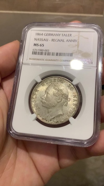 《竞宝斋》第201场-周日，周一 2场 (全场包邮) NGC MS65 德国 拿骚 1864年1泰勒 极其富有特色且少见品种 MS65高分状态太难得
