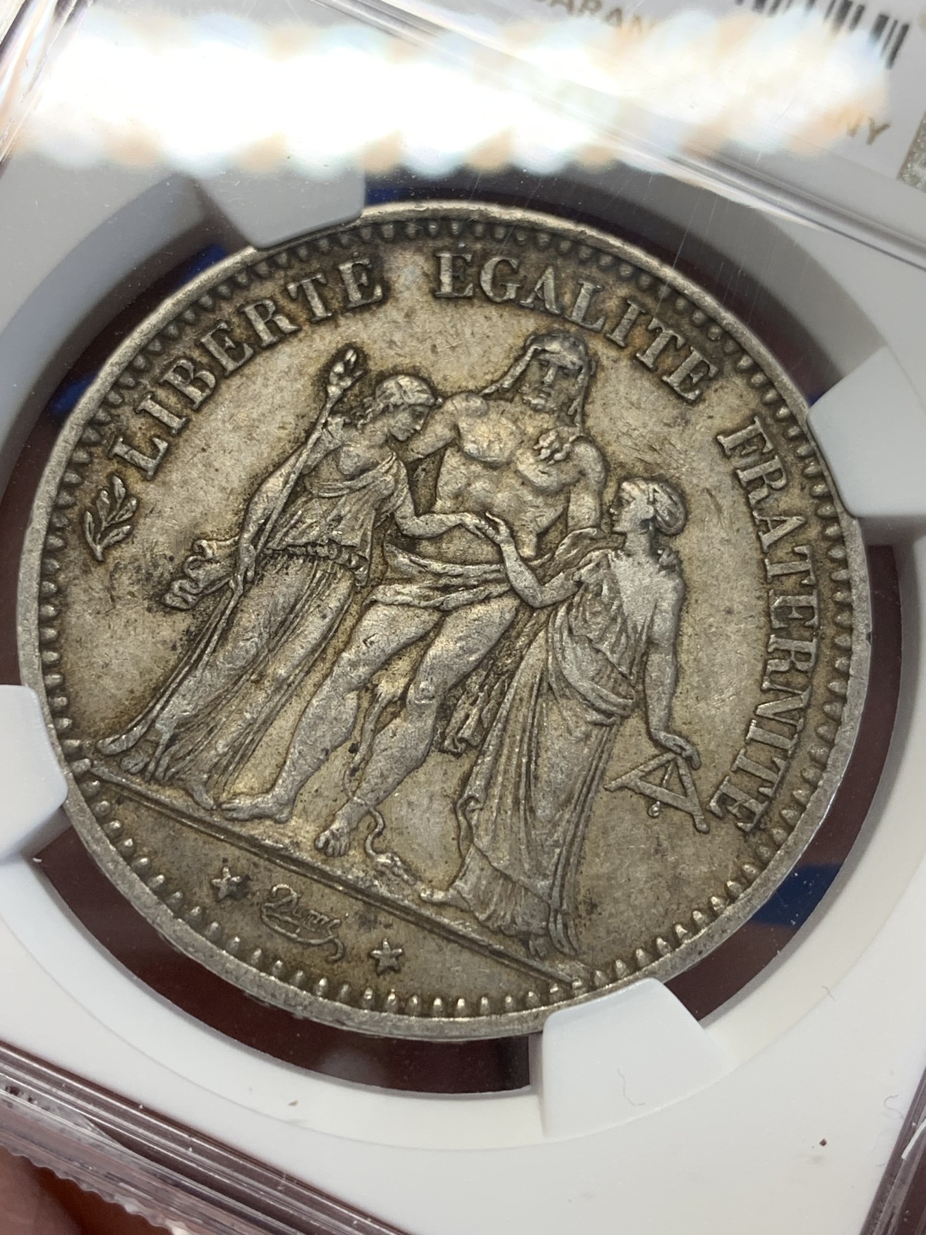 《竞宝斋》第201场-周日，周一 2场 (全场包邮) NGC AU50 法国 1874 K版 大力神 5法郎银币 原味包浆 状态不错