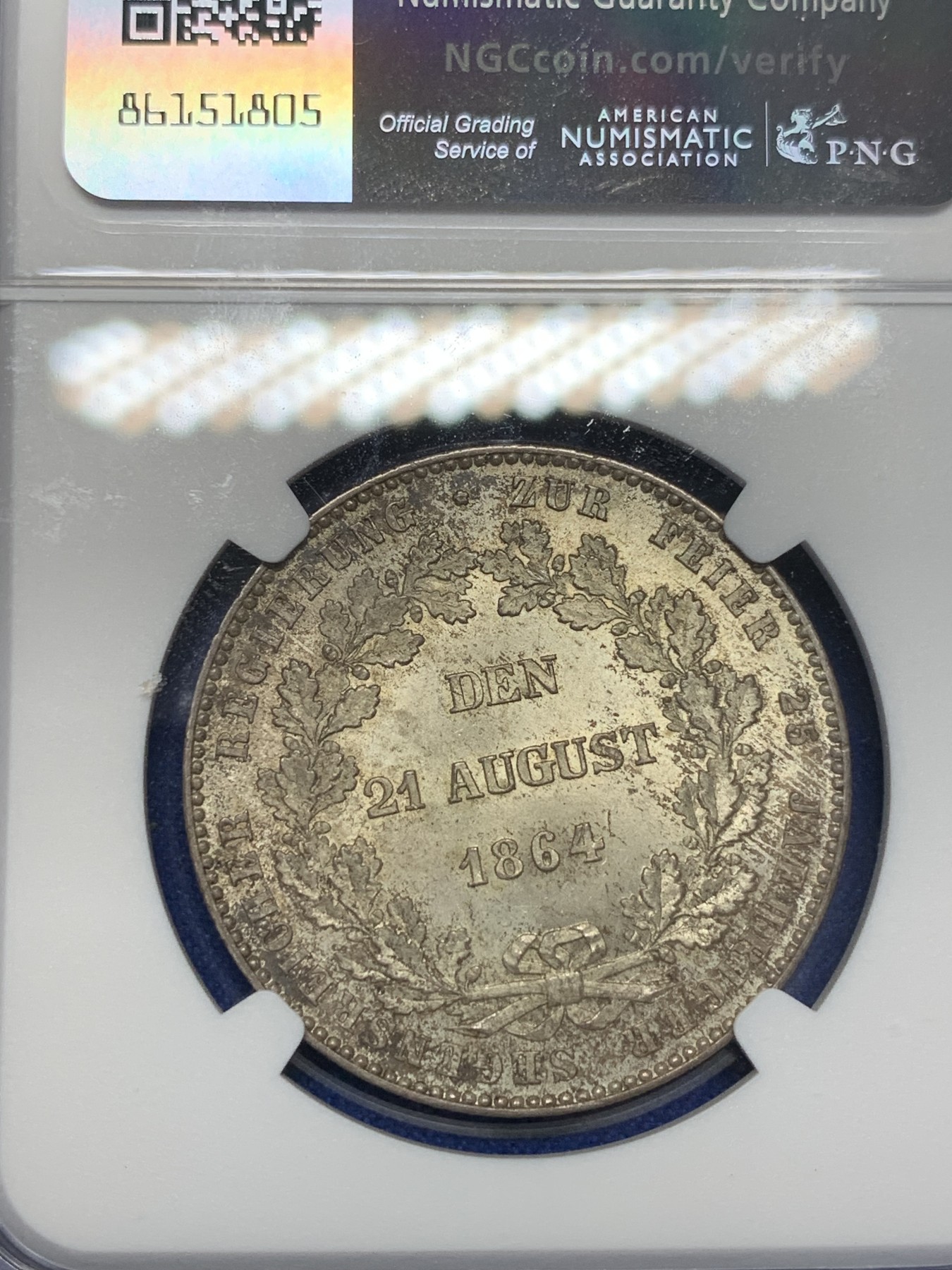 《竞宝斋》第201场-周日，周一 2场 (全场包邮) NGC MS65 德国 拿骚 1864年1泰勒 极其富有特色且少见品种 MS65高分状态太难得